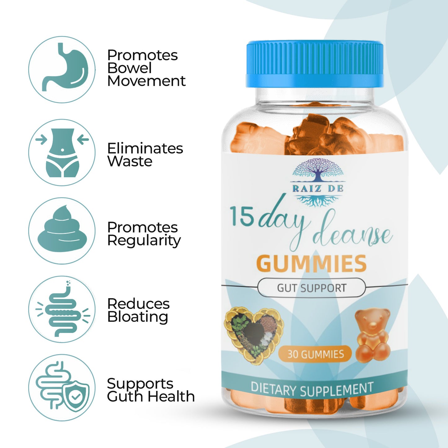 Raiz DE 15 Day Cleanse Gummies - Gut and Colon Support - Advanced Gut Cleanse Detox for Women & Men with Senna, Cascara Sagrada. Psyllium Husk, MCT Oil, Probiotics and More. Orange Flavor