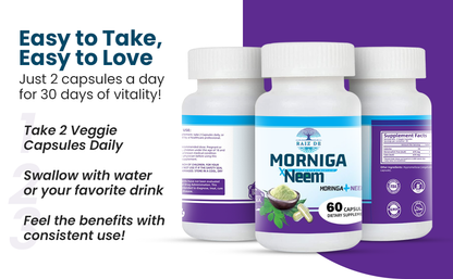 Moringa and Neem Capsules - Rich in Antioxidants Multi Minerals & Vitamins - Green Superfood - Supports Energy, Skin Health, Gut Health and Much More - 30 Days