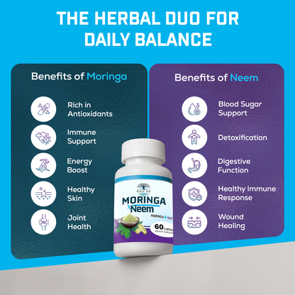 Moringa and Neem Capsules - Rich in Antioxidants Multi Minerals & Vitamins - Green Superfood - Supports Energy, Skin Health, Gut Health and Much More - 30 Days
