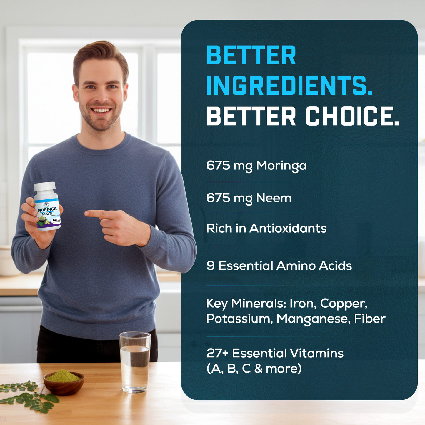 Moringa and Neem Capsules - Rich in Antioxidants Multi Minerals & Vitamins - Green Superfood - Supports Energy, Skin Health, Gut Health and Much More - 30 Days