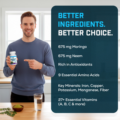 Moringa and Neem Capsules - Rich in Antioxidants Multi Minerals & Vitamins - Green Superfood - Supports Energy, Skin Health, Gut Health and Much More - 30 Days