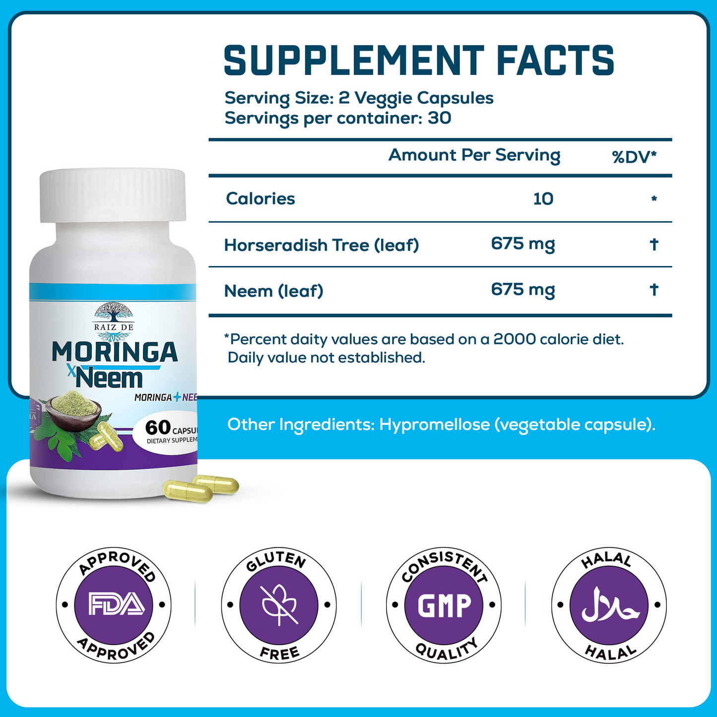 Moringa and Neem Capsules - Rich in Antioxidants Multi Minerals & Vitamins - Green Superfood - Supports Energy, Skin Health, Gut Health and Much More - 30 Days