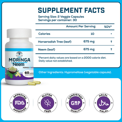 Moringa and Neem Capsules - Rich in Antioxidants Multi Minerals & Vitamins - Green Superfood - Supports Energy, Skin Health, Gut Health and Much More - 30 Days