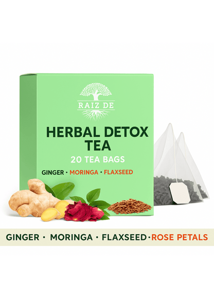 Raiz de Herbal Detox Blend with Ginger Root, Moringa Leaves, Flaxseed, Rose Petals and more – Natural Support for Digestive Health & Wellness – 20 Caffeine Free Tea Bags