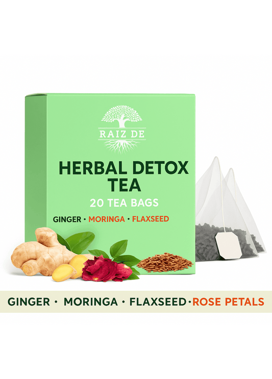 Raiz de Herbal Detox Blend with Ginger Root, Moringa Leaves, Flaxseed, Rose Petals and more – Natural Support for Digestive Health & Wellness – 20 Caffeine Free Tea Bags