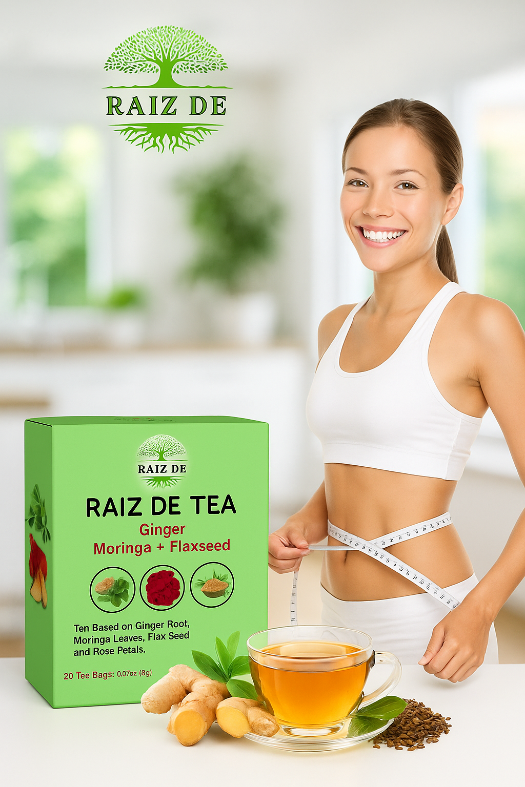 Raiz de Herbal Detox Blend with Ginger Root, Moringa Leaves, Flaxseed, Rose Petals and more – Natural Support for Digestive Health & Wellness – 20 Caffeine Free Tea Bags