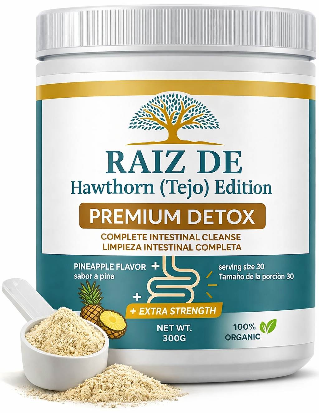 Raiz De Tejocote Inspired Premium Detox Herbal Powder – Hawthorn Edition – Plant-Based Digestive & Gut Support – Pineapple Flavor – All Natural Formula – 300g